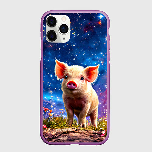 Чехол iPhone 11 Pro матовый Поросенок и звездное небо / 3D-Фиолетовый – фото 1