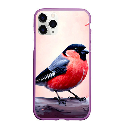Чехол iPhone 11 Pro матовый Снегирь на розовом / 3D-Фиолетовый – фото 1
