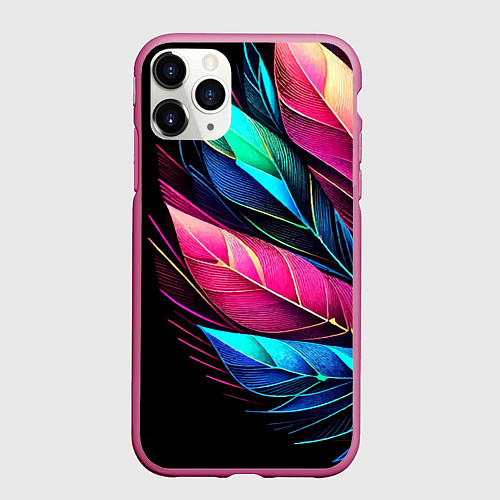 Чехол iPhone 11 Pro матовый Букет из цветных перьев - неон / 3D-Малиновый – фото 1
