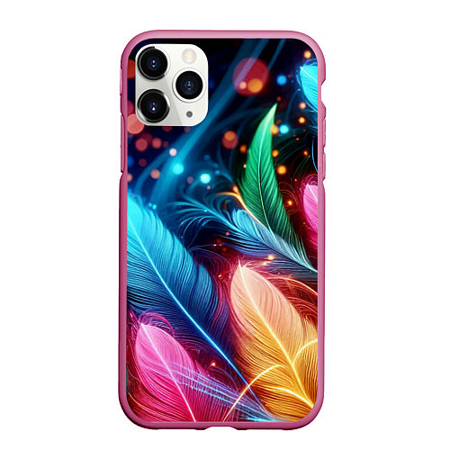 Чехол iPhone 11 Pro матовый Яркие красочные неоновые перья / 3D-Малиновый – фото 1