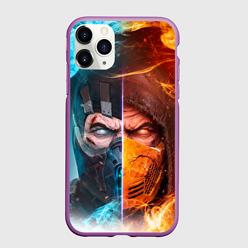 Чехол iPhone 11 Pro матовый Mortal Kombat - Саб-зиро и Скорпион / 3D-Фиолетовый – фото 1