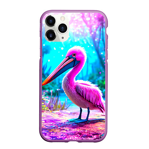 Чехол iPhone 11 Pro матовый Пеликан в сказачном лесу / 3D-Фиолетовый – фото 1