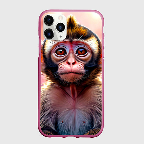 Чехол iPhone 11 Pro матовый Обезьянка в норке / 3D-Малиновый – фото 1