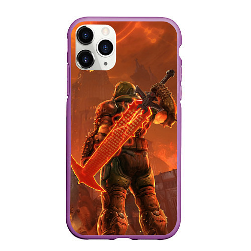 Чехол iPhone 11 Pro матовый Палач рока и башня Doom / 3D-Фиолетовый – фото 1