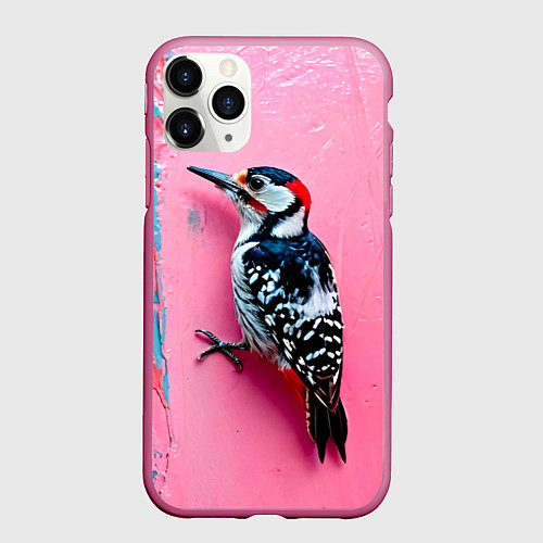 Чехол iPhone 11 Pro матовый Дятел на розовой стене / 3D-Малиновый – фото 1