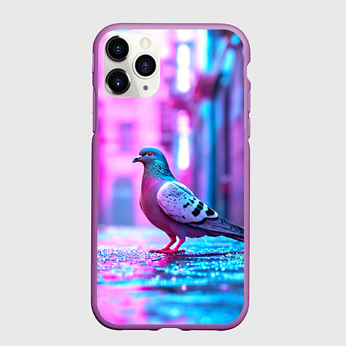 Чехол iPhone 11 Pro матовый Голубь в ярком городе / 3D-Фиолетовый – фото 1