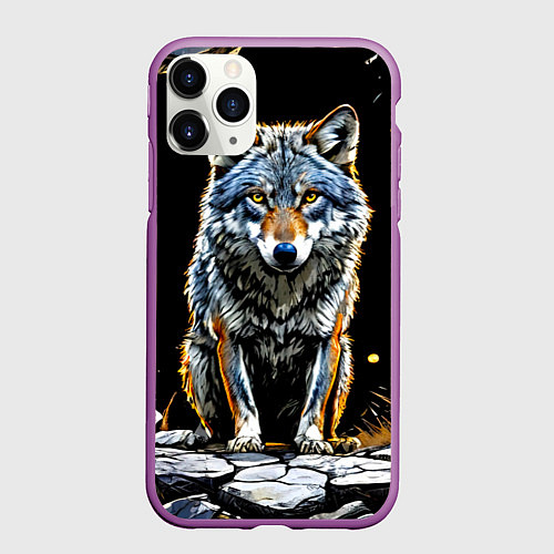 Чехол iPhone 11 Pro матовый Волк на черном / 3D-Фиолетовый – фото 1