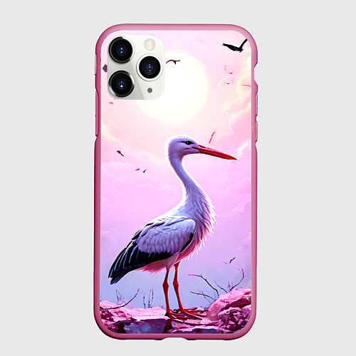 Чехол iPhone 11 Pro матовый Аист в розовых облаках / 3D-Малиновый – фото 1