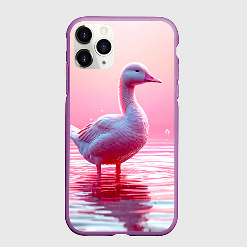 Чехол iPhone 11 Pro матовый Гусь на розовом озере / 3D-Фиолетовый – фото 1