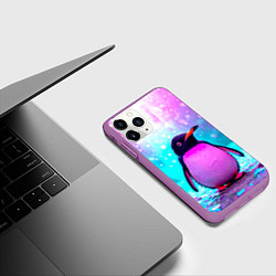Чехол iPhone 11 Pro матовый Пингвин в неоновых искрах, цвет: 3D-фиолетовый — фото 2