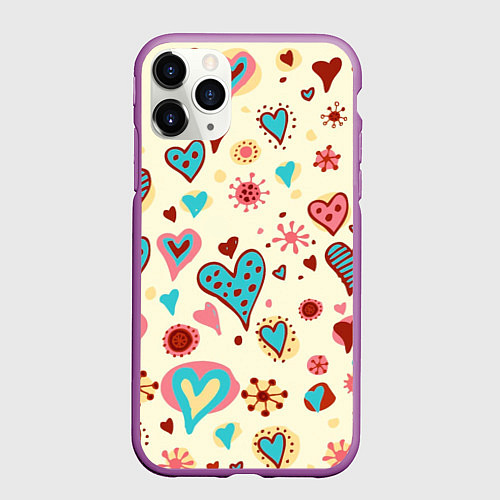 Чехол iPhone 11 Pro матовый Цветные сердечки / 3D-Фиолетовый – фото 1