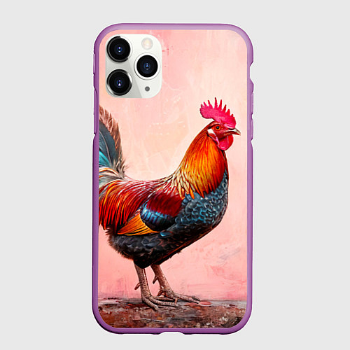 Чехол iPhone 11 Pro матовый Петух на розовом / 3D-Фиолетовый – фото 1