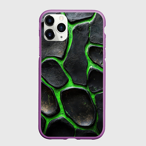 Чехол iPhone 11 Pro матовый Черная потертая текстура на зеленом фоне / 3D-Фиолетовый – фото 1