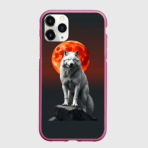 Чехол iPhone 11 Pro матовый Белый волк в ночи / 3D-Малиновый – фото 1