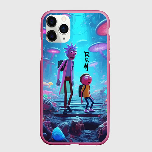 Чехол iPhone 11 Pro матовый Рик и Морти на планете неоновых грибов - нейроарт / 3D-Малиновый – фото 1