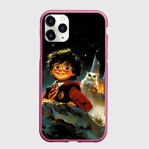 Чехол iPhone 11 Pro матовый Гарри Поттер на фоне замка / 3D-Малиновый – фото 1