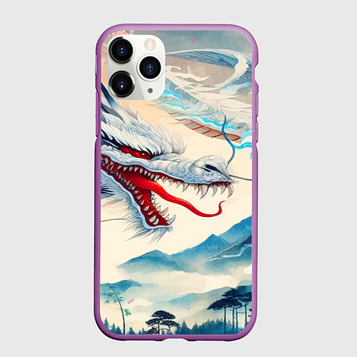 Чехол iPhone 11 Pro матовый Дракон на фоне японского пейзажа / 3D-Фиолетовый – фото 1
