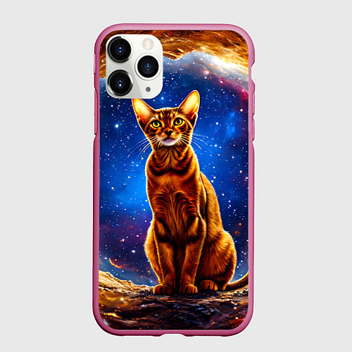 Чехол iPhone 11 Pro матовый Абиссинская кошка в космосе / 3D-Малиновый – фото 1