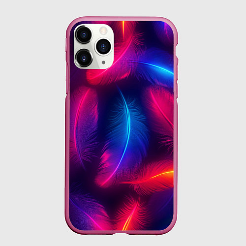 Чехол iPhone 11 Pro матовый Вспыхивающие перья - неоновое свечение / 3D-Малиновый – фото 1