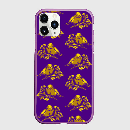 Чехол iPhone 11 Pro матовый Золотые птички на индиго / 3D-Фиолетовый – фото 1