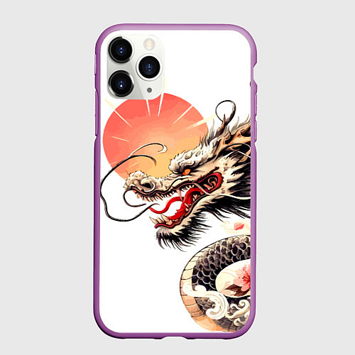 Чехол iPhone 11 Pro матовый Японский дракон и солнце / 3D-Фиолетовый – фото 1