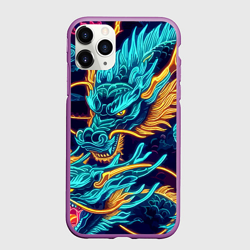 Чехол iPhone 11 Pro матовый Два неоновых дракона - ирезуми / 3D-Фиолетовый – фото 1