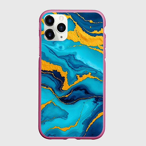 Чехол iPhone 11 Pro матовый Синяя абстракция с золотым / 3D-Малиновый – фото 1