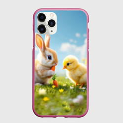 Чехол iPhone 11 Pro матовый Кролик и цыпленок встречают Пасху