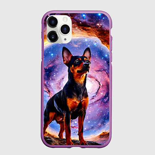 Чехол iPhone 11 Pro матовый Пинчер в космосе / 3D-Фиолетовый – фото 1