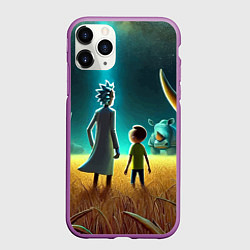 Чехол iPhone 11 Pro матовый Морти и Рик на планете носорогов - неоновое свечен