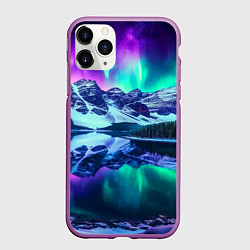 Чехол iPhone 11 Pro матовый Северное сияние над горами - неоновое свечение