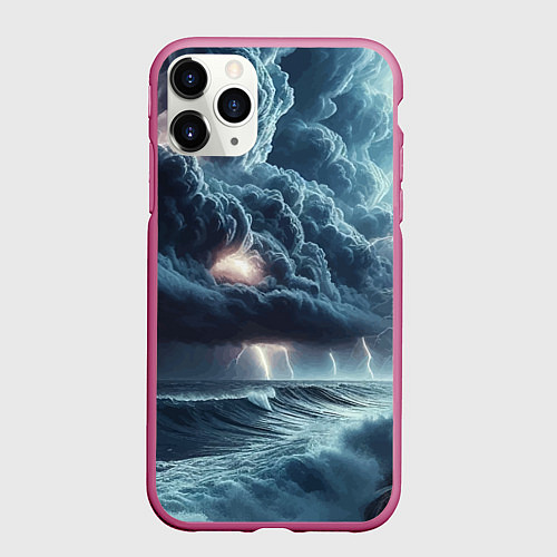 Чехол iPhone 11 Pro матовый Шторм на море - сверкание молний / 3D-Малиновый – фото 1