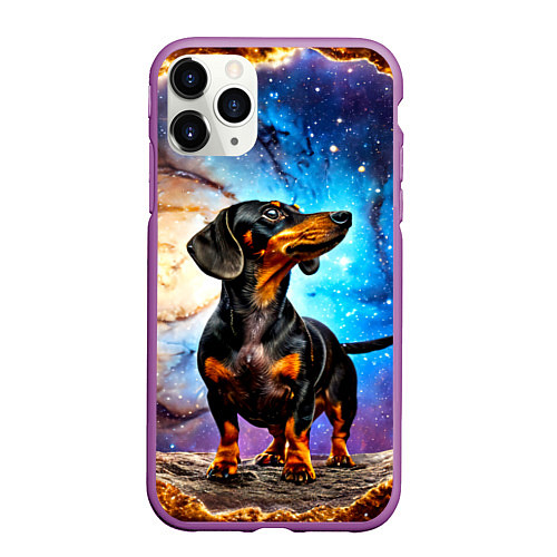 Чехол iPhone 11 Pro матовый Такса в космосе / 3D-Фиолетовый – фото 1