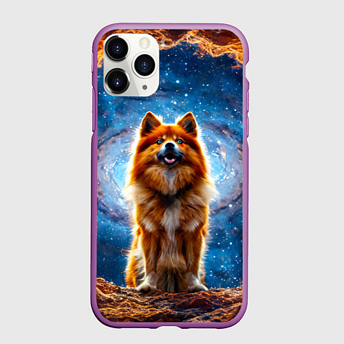 Чехол iPhone 11 Pro матовый Финский лаппхунд в космосе / 3D-Фиолетовый – фото 1