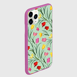 Чехол iPhone 11 Pro матовый Тюльпаны цветочный паттерн на светло-зелёном фоне, цвет: 3D-фиолетовый — фото 2