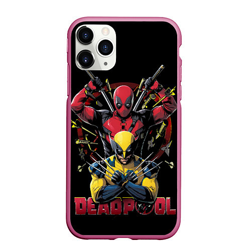 Чехол iPhone 11 Pro матовый Дэдпул и Россомаха в позе / 3D-Малиновый – фото 1