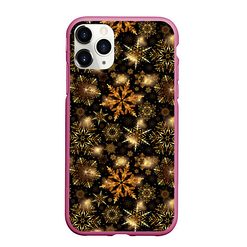 Чехол iPhone 11 Pro матовый Золотые снежинки / 3D-Малиновый – фото 1