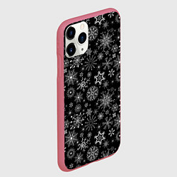 Чехол iPhone 11 Pro матовый Белые снежинки на черном, цвет: 3D-малиновый — фото 2