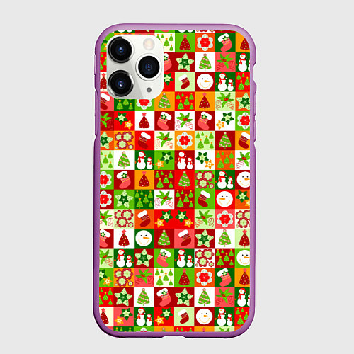 Чехол iPhone 11 Pro матовый Новогодние снеговики и снежные бабы / 3D-Фиолетовый – фото 1