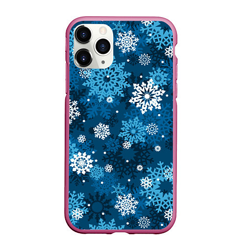 Чехол iPhone 11 Pro матовый Снежинки белые и голубые / 3D-Малиновый – фото 1