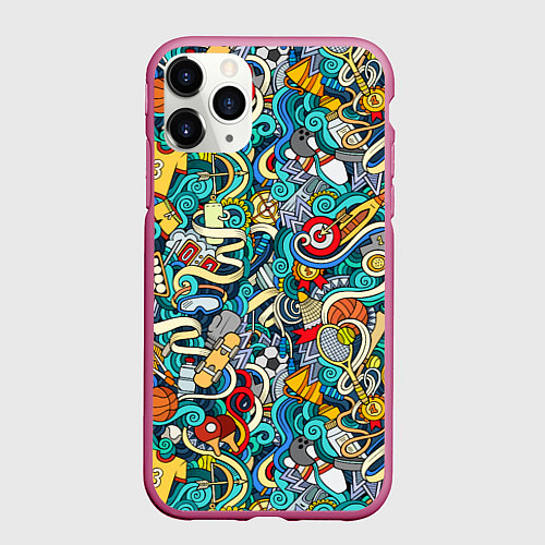 Чехол iPhone 11 Pro матовый Спортивный инвентарь коллаж / 3D-Малиновый – фото 1
