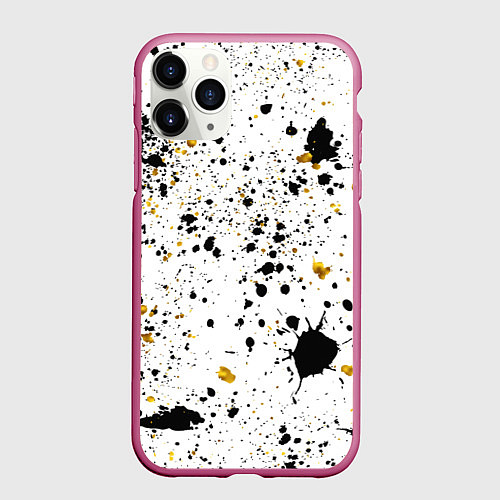 Чехол iPhone 11 Pro матовый Черные и золотистые пятна краски на белом фоне / 3D-Малиновый – фото 1
