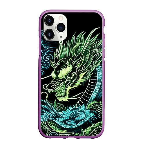 Чехол iPhone 11 Pro матовый Ирезуми - неоновый японский дракон / 3D-Фиолетовый – фото 1