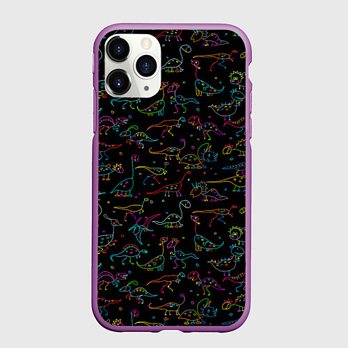 Чехол iPhone 11 Pro матовый Кислотные динозаврики / 3D-Фиолетовый – фото 1