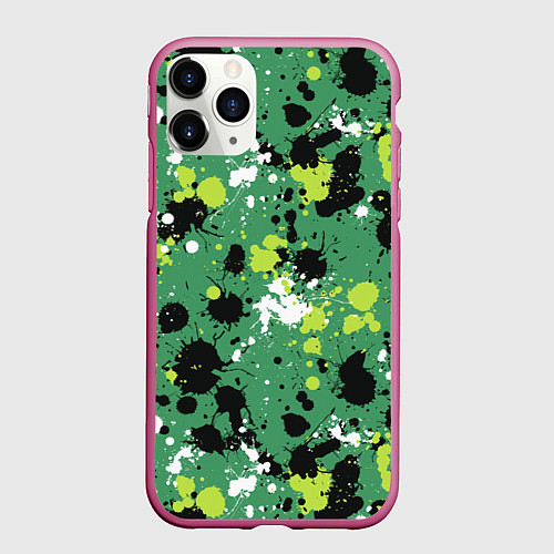Чехол iPhone 11 Pro матовый Кляксы на зелёном / 3D-Малиновый – фото 1