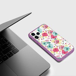 Чехол iPhone 11 Pro матовый Розы красные и бирюзовые, цвет: 3D-фиолетовый — фото 2