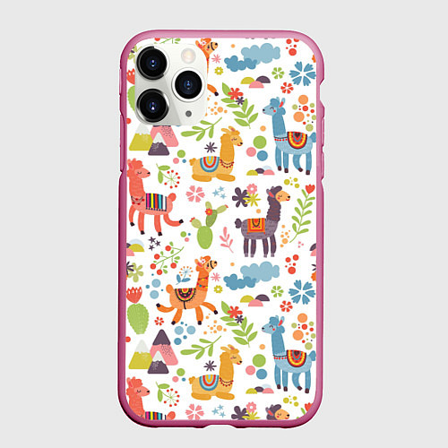 Чехол iPhone 11 Pro матовый Ламы паттерн / 3D-Малиновый – фото 1