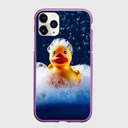 Чехол iPhone 11 Pro матовый Резиновая уточка в мыльной пене, цвет: 3D-фиолетовый