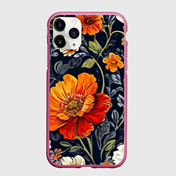 Чехол iPhone 11 Pro матовый Маки и пионы старинный паттерн, цвет: 3D-малиновый