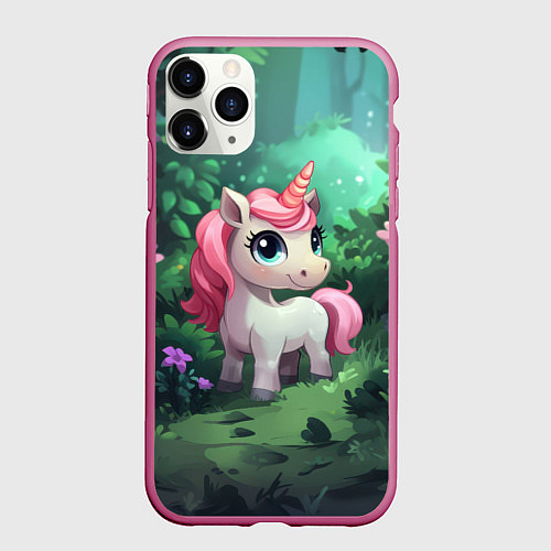 Чехол iPhone 11 Pro матовый Единорожка с розовой гривой / 3D-Малиновый – фото 1